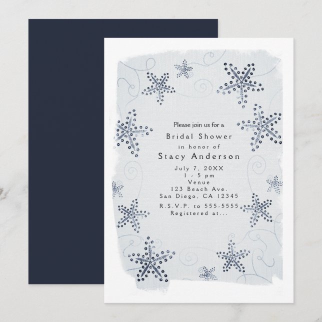 Elegant Starfish & Sequins Blue Beach Invitations (Front/Back)