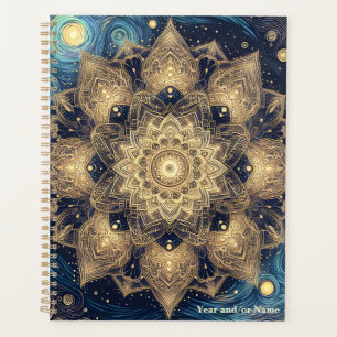 Elegant Starry Night Nebula Blue Gold Mandala Art Planner