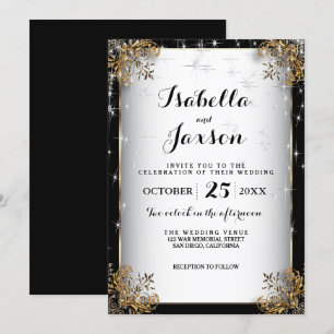Elegant Starry Night Wedding in Black and Gold Invitation