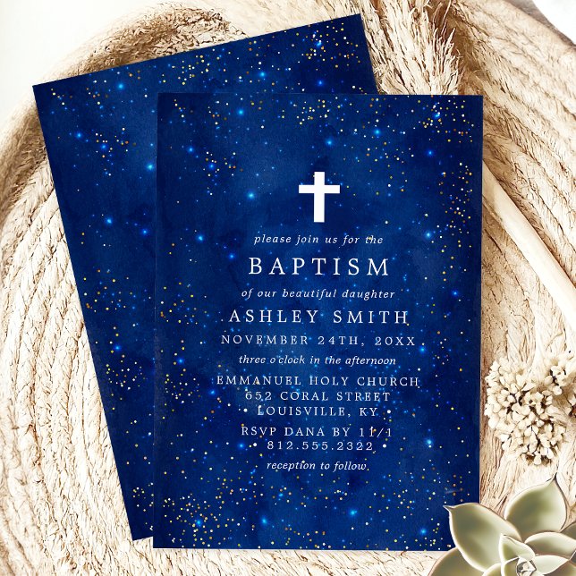 Elegant Starry Night With Cross Baptism Invitation (Creator Uploaded)