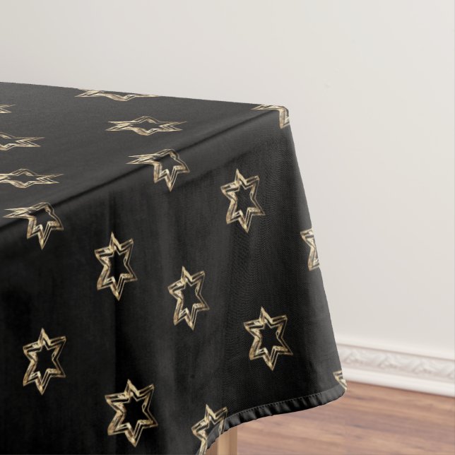Elegant Starry Pattern Faux Gold Stars Black Tablecloth (In Situ)
