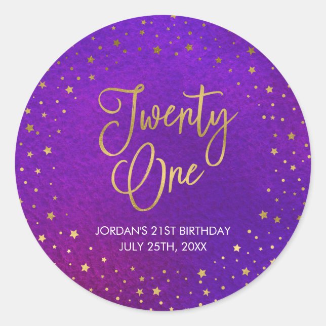 Elegant Starry Purple Watercolor 21st Birthday Classic Round Sticker (Front)