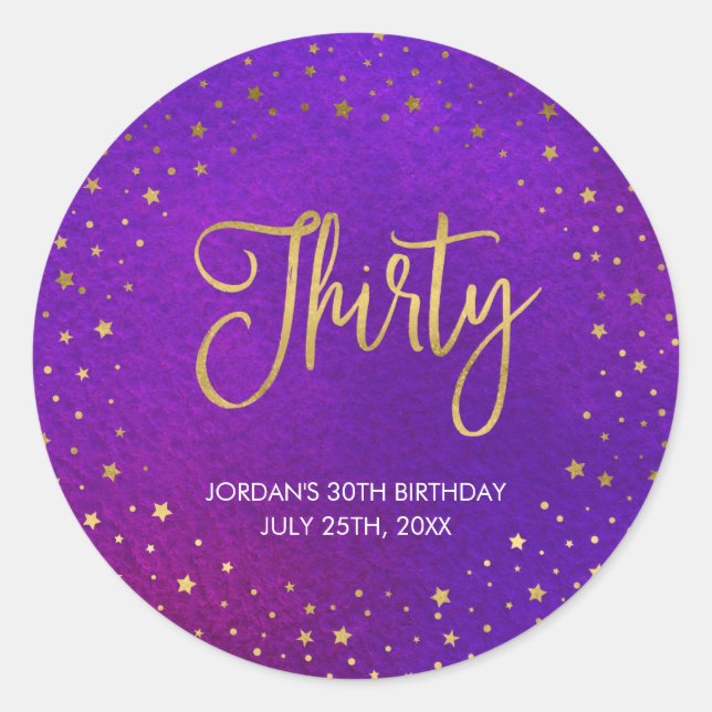 Elegant Starry Purple Watercolor 30th Birthday Classic Round Sticker (Front)