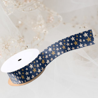 Elegant Stars Christmas Blue Gold Ribbon Satin Ribbon