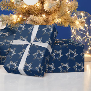Elegant Stars Pattern Christmas Faux Silver Blue Wrapping Paper