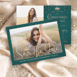 Elegant Stars Rose Gold Quinceañera 2 Photo Green Save The Date<br><div class="desc">Share the joyful news of an upcoming Quinceañera celebration with chic modern 2 photo save the date invitations. The pictures and all wording on this template are simple to personalize. The colours and font styles can be easily customized with the Zazzle Design Editor tool. The forest green and rose gold...</div>