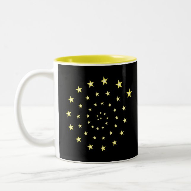 Elegant Stars Spiral on Black & Monogram Two-Tone Coffee Mug (Left)