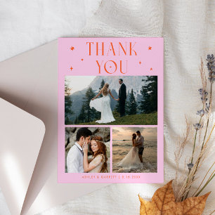 Elegant Stars Wedding Multi Photo Orange Pink Thank You Card