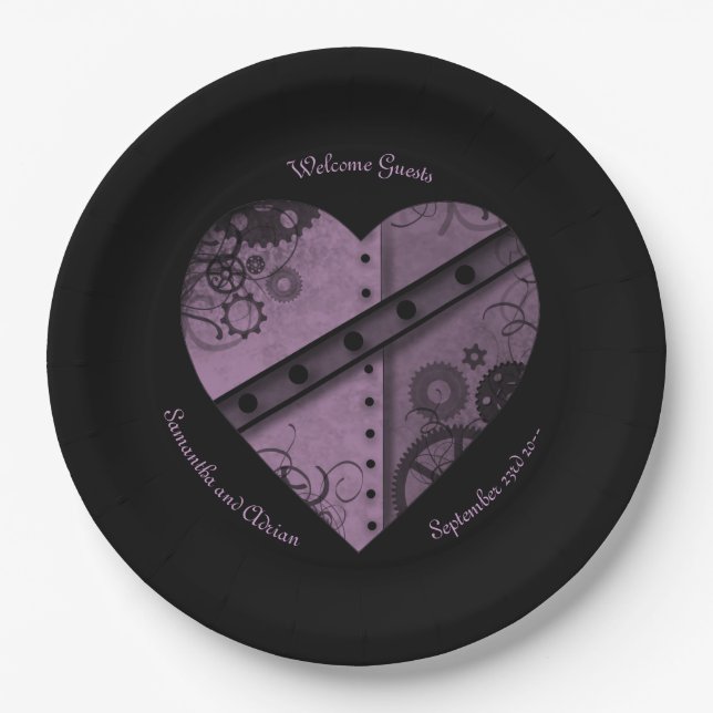 Elegant steampunk heart wedding reception classy paper plate (Front)