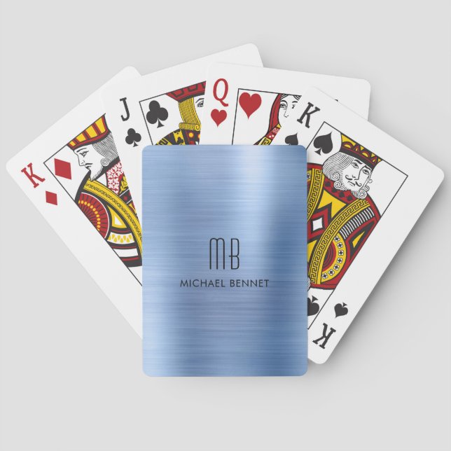 Elegant Steel Blue Brushed Metallic Monogram Name Playing Cards (Back)