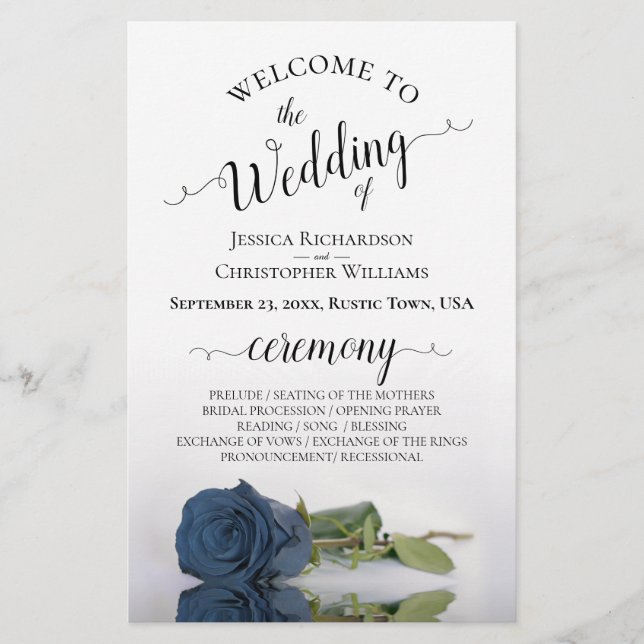 Elegant Steel Blue Rose Budget Wedding Program (Front)