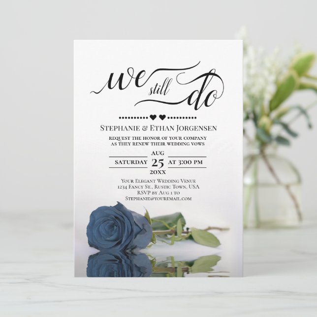 Elegant Steel Blue Rose We Still Do Vow Renewal Invitation (Standing Front)