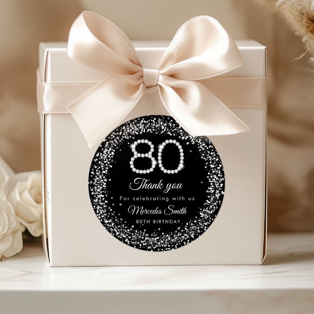 Élégant Sticker Merci 80e Anniversaire (Silver Diamonds 80th Birthday Thank you Favor Stickers)