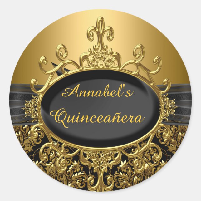Élégant Sticker Quinceanera Black & Gold Damask (Devant)