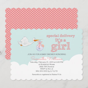 Elegant Stork Carrying Baby CLOUD GIRL BABY SHOWER Invitation