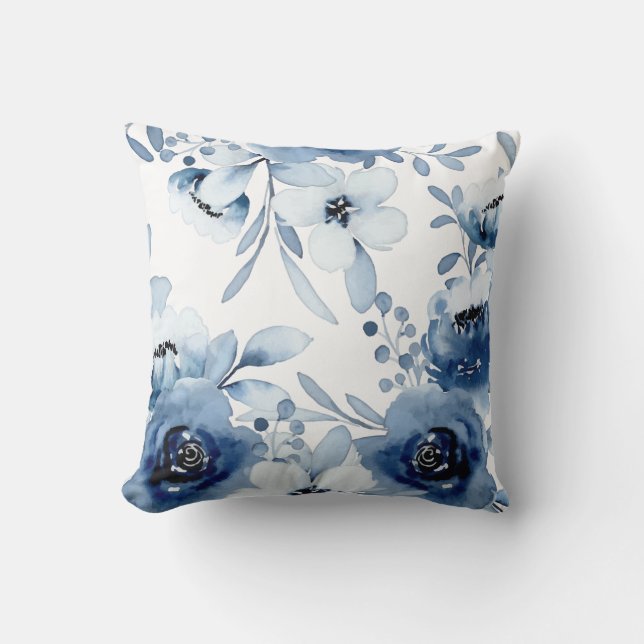 Elegant Stormy Blue Floral Watercolor Throw Pillow (Front)