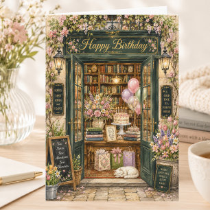 Elegant Storybook Spring Bookshop Happy Birthday Card