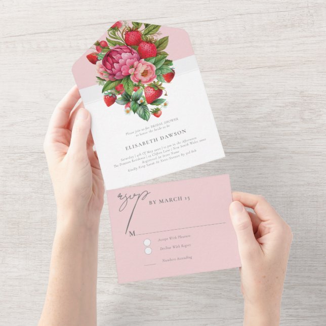 Elegant Strawberry and Peonies Bridal Shower Rsvp All In One Invitation (Tearaway)