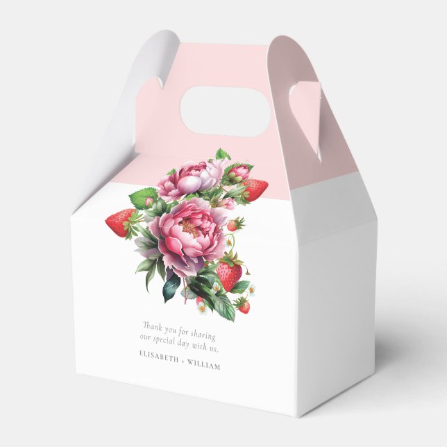 Elegant Strawberry and Peonies Summer Wedding Favor Box (Front Side)