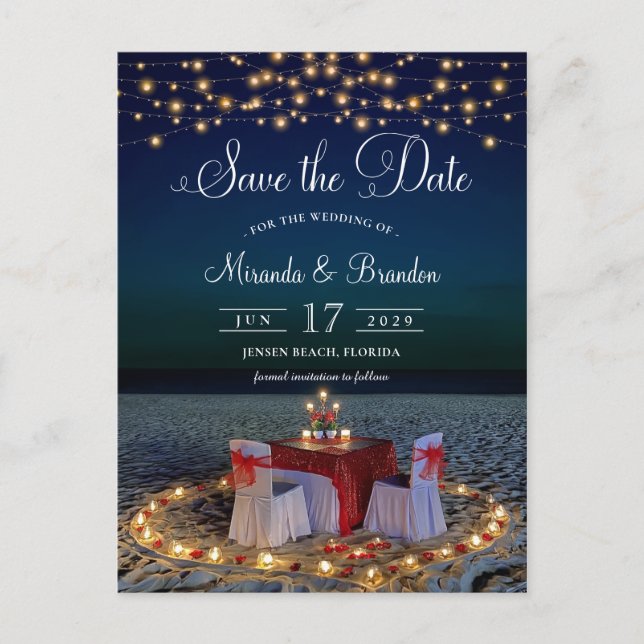 Elegant String Lights Beach Summer Save the Date Announcement Postcard (Front)
