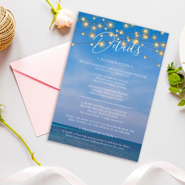 Elegant String Lights Beach Wedding Details Card (Creator Uploaded)