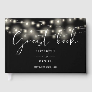 Elegant String Lights Black And White Wedding Guest Book