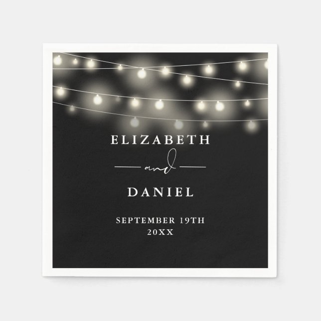 Elegant String Lights Black And White Wedding Napkin (Front)