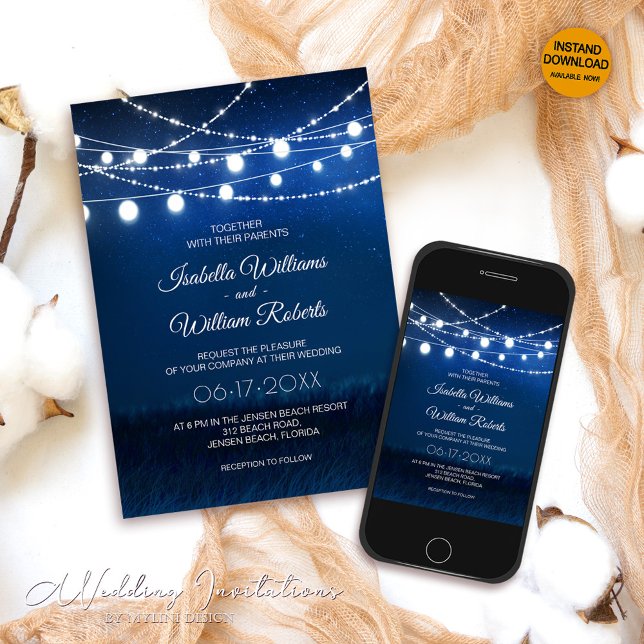 Elegant String Lights Blue and Silver Wedding Invitation (Creator Uploaded)