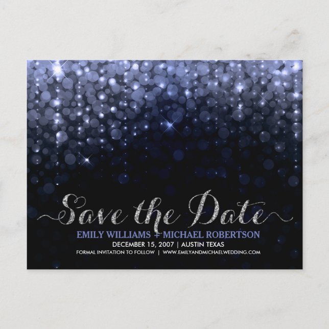 Elegant string lights blue bokeh save the date announcement postcard (Front)