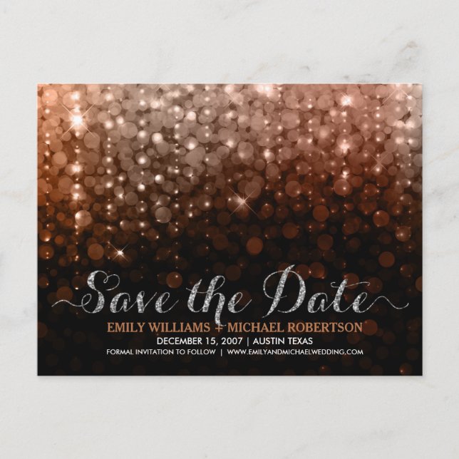 Elegant string lights brown bokeh save the date announcement postcard (Front)