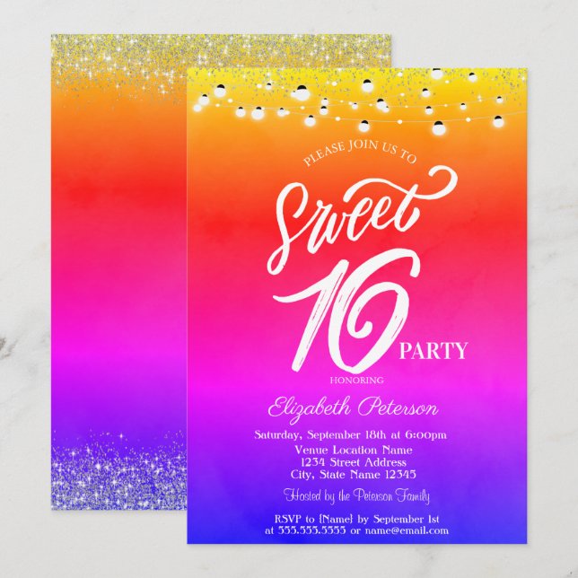 Elegant String Lights Confetti Ombre Sweet 16 Invitation (Front/Back)