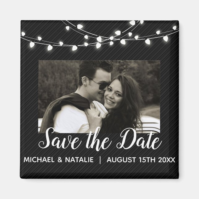 Elegant String Lights Custom Photo Save the Date Magnet (Front)
