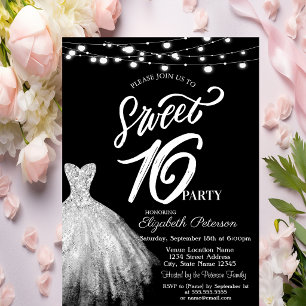 Elegant String Lights Dress Black Sweet 16 Invitation