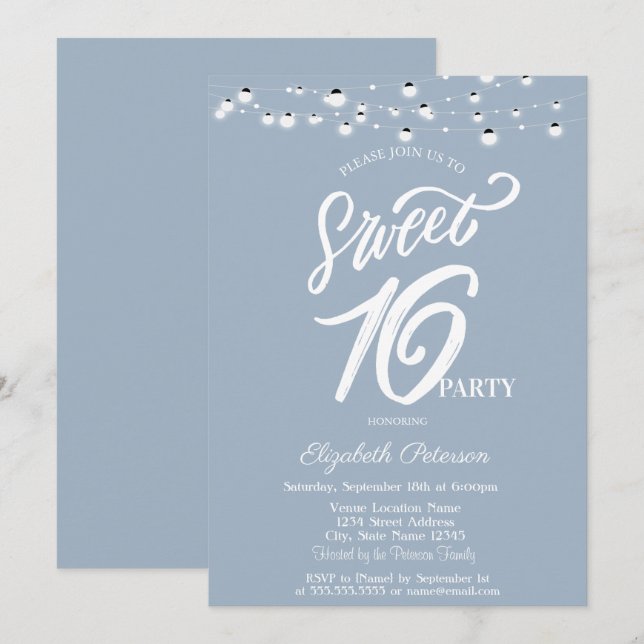 Elegant String Lights Dusty Blue Sweet 16 Invitation (Front/Back)