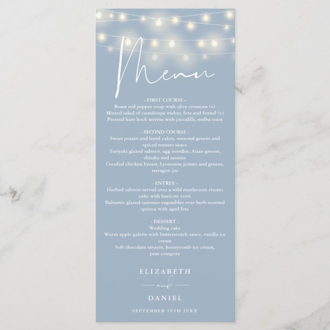 Elegant String Lights Dusty Blue Wedding Dinner Menu (Front)