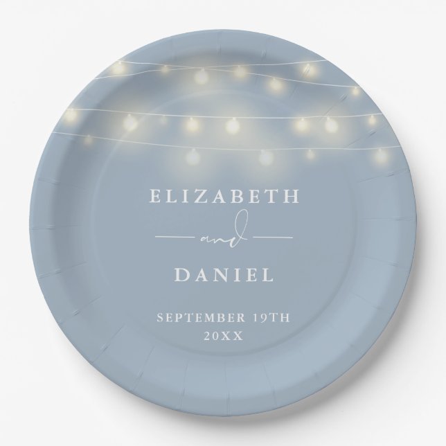 Elegant String Lights Dusty Blue Wedding Paper Plate (Front)