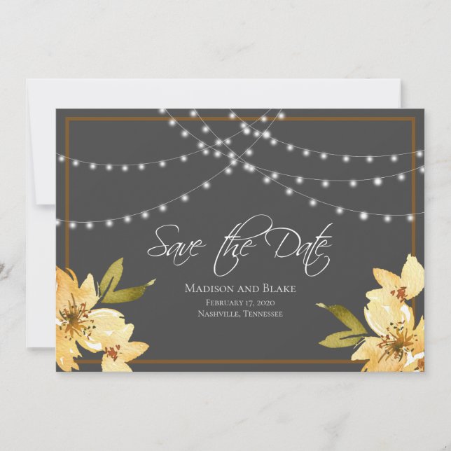 Elegant String Lights Floral Save the Date (Front)