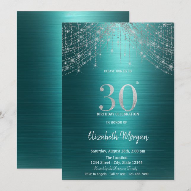 Elegant String Lights Green Metallic 30th Birthday Invitation (Front/Back)