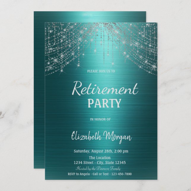 Elegant String Lights Green Metallic Retirement  Invitation (Front/Back)