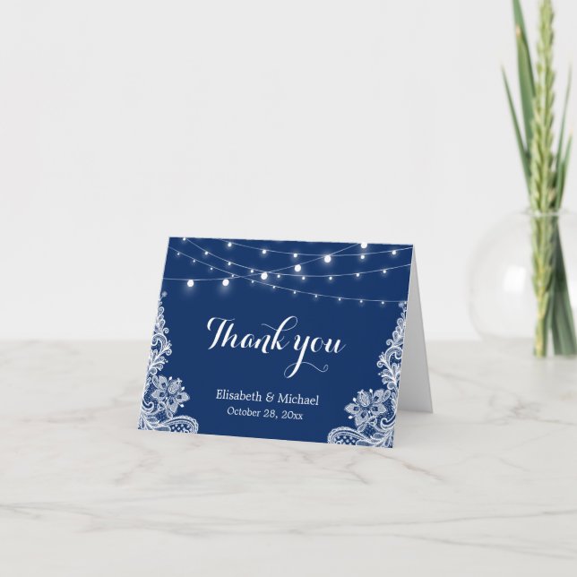 Elegant String Lights Lace Navy Blue Thank You (Front)