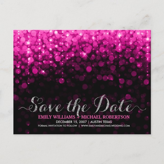 Elegant string lights pink bokeh save the date announcement postcard (Front)