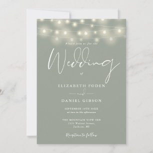 Elegant String Lights Sage Green Wedding Invitation