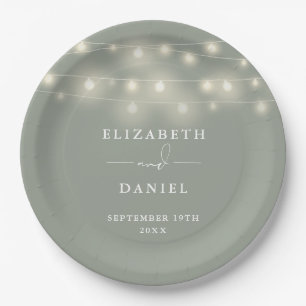 Elegant String Lights Sage Green Wedding Paper Plate