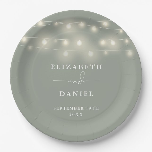 Elegant String Lights Sage Green Wedding Paper Plate (Front)