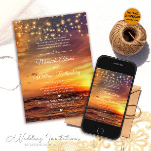 Elegant String Lights Summer Sunset Beach Wedding Invitation