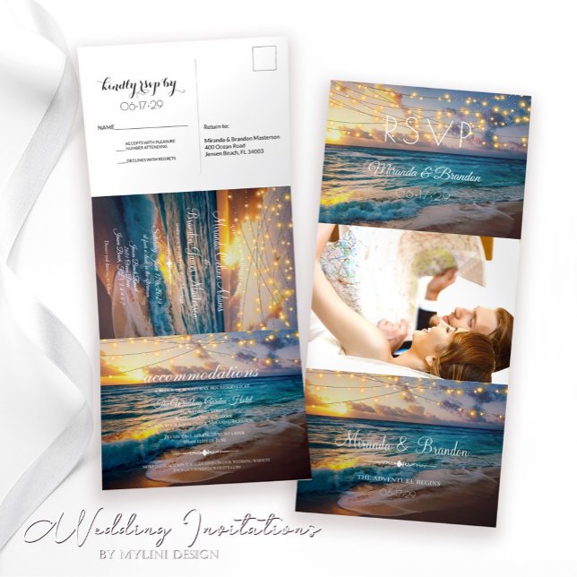 Elegant String Lights Summer Sunset Beach Wedding Tri-Fold Invitation (Creator Uploaded)
