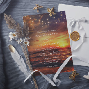 Elegant String Lights Sunset Beach QR Code Wedding Invitation
