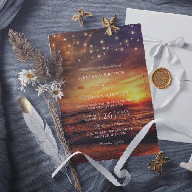 Elegant String Lights Sunset Beach QR Code Wedding Invitation (Creator Uploaded)