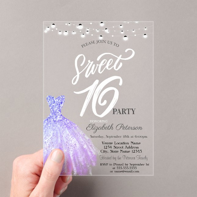 Elegant String Lights Violet Dress Sweet 16 Acrylic Invitations (Insitu (Handheld))