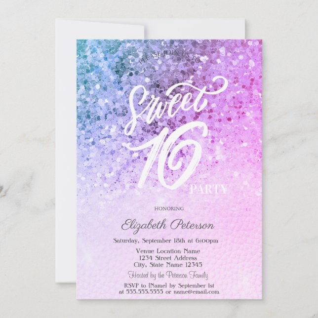  Elegant String Lights Violet Sequins Sweet 16  Invitation (Front)
